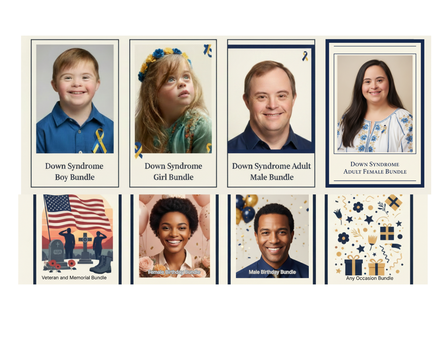 NicheStickers bundles section banner featuring Down Syndrome, veteran and memorial, birthday, and any occasion digital download bundles