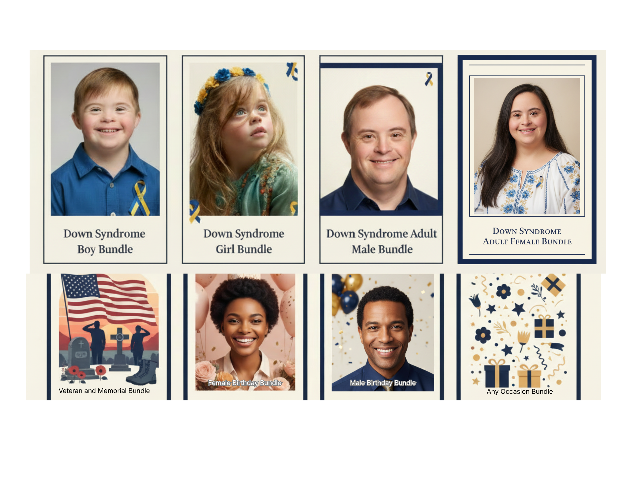 NicheStickers bundles section banner featuring Down Syndrome, veteran and memorial, birthday, and any occasion digital download bundles